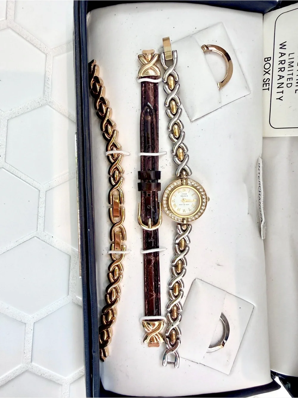Anne Klein II Two-Tone Chain and Brown Leather Watch Set - Picture 3 of 8